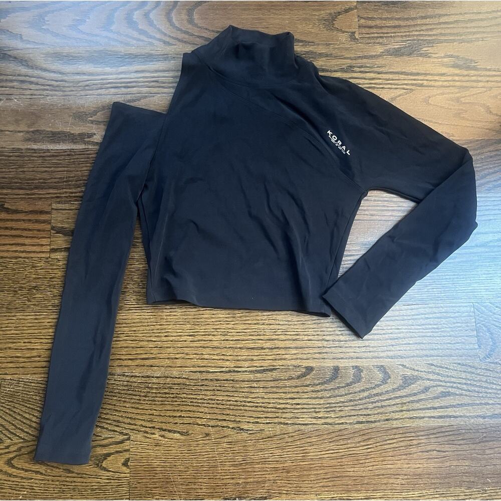 Koral high neck long sleeve crop top Sz. S black cut out detail logo front NWOT